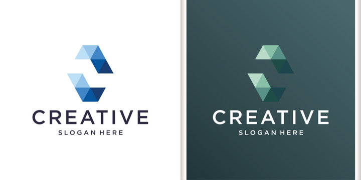 Modern Low Poly Geometric Letter S Logo Template with Crystal Polygonal Blue and Green Concept