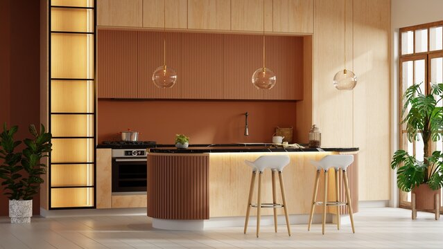Modern kitchen with wooden cabinets, an illuminated island, white bar stools, glass pendant lights, and indoor plants in warm earth tones- 3D rendering