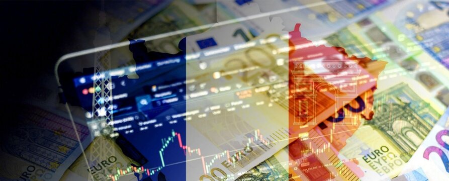 Digital display overlays euro banknotes and a map. Graphs pulse behind a glowing digital interface. Finance and geography merge in this dynamic blend. Ideal for business, economics