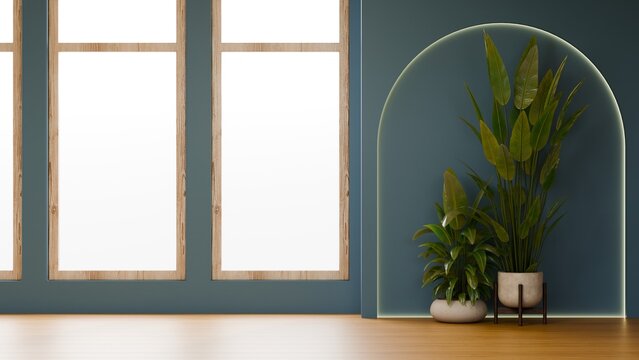 Modern interior featuring a teal wall, an illuminated decorative arch, tropical potted plants, tall wooden window frames, and wooden flooring- 3D rendering