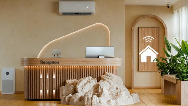 Modern reception area with a wooden desk, smart home symbol, security camera, air conditioner, purifier, decorative rocks, and indoor greenery- 3D rendering