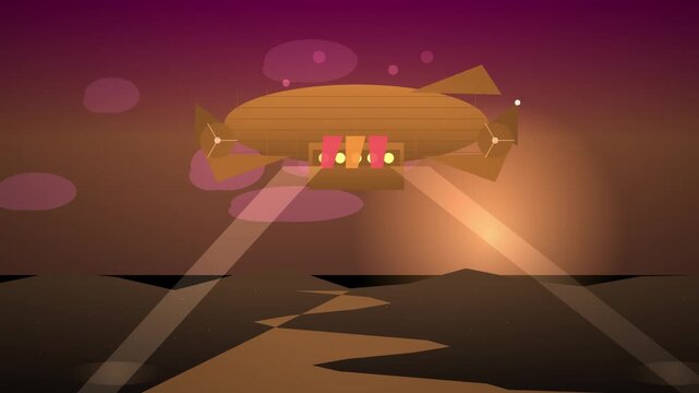 Animated steampunk hovercraft gliding above a cracked surface in a stylized looping background