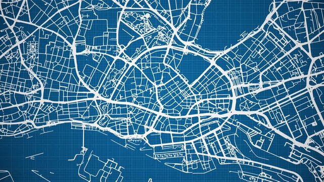 Ink reveal animation of Free and Hanseatic City of Hamburg, the second-largest city in Germany, grid map. Aerial top view. Blueprint style. White lines with blue background. 4K Seamless loop.