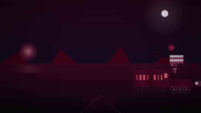 Dark red abstract landscape looping background with geometric shapes and a bright moon