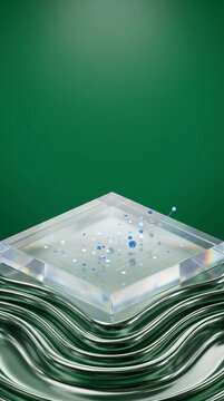 Abstract 3D Render of a Futuristic Glass Platform with Data Network Nodes Over Metallic Waves on a Solid Dark Green Background for Technology Design.