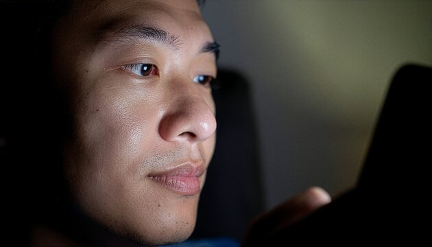 Close-up of a young Asian man using a smartphone at night in the dark with screen light reflecting in his eyes