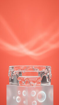 Elegant 3D Glass Podium with Melting Liquid Texture on a Soft Peach Background, Perfect for Luxury Product Display and Minimalist Cosmetic Marketing