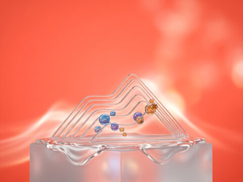 Abstract 3D Render of Molecular Structures on a Glass Podium with Liquid Texture and Geometric Glass Wires Against a Soft Peach Orange Background