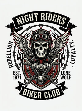 Vintage Biker Club Skull Emblem with Wings on Plain White Background