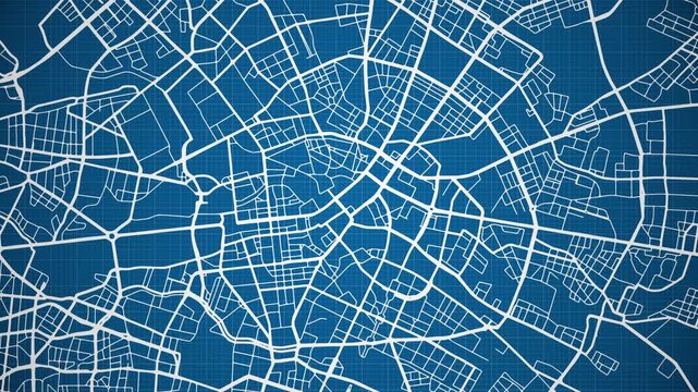 Ink reveal animation of Berlin city, the capital and largest city of Germany, grid map. Aerial top view. Blueprint style. White lines with blue background. 4K Seamless loop.