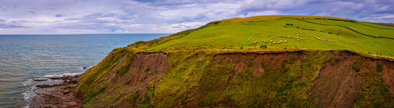 St Bees Beach and Coastal Cliffs with Holiday Park in Cumbria England
