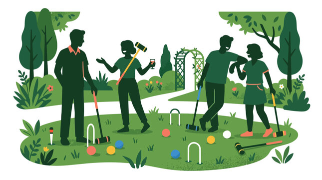 People playing croquet in a park, summer leisure activity, flat design illustration