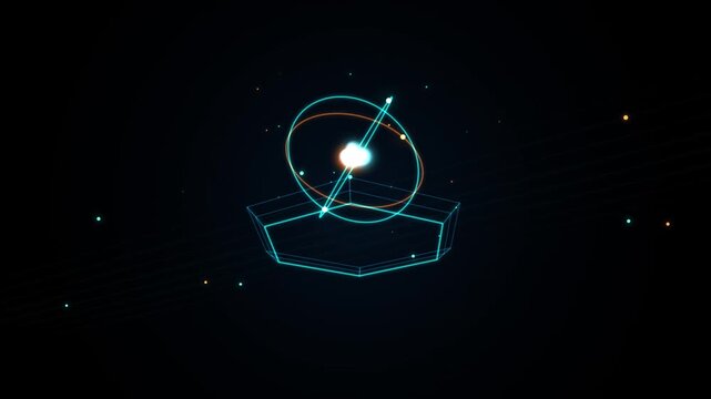 Abstract digital representation of an atom with glowing orbital rings and particles on a dark background