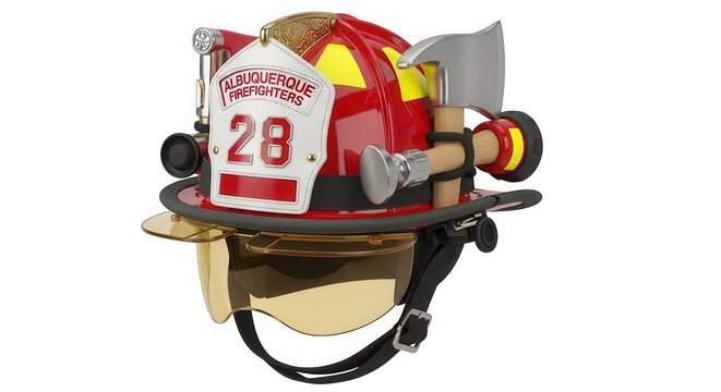 Red firefighter helmet with number twenty eight and an axe isolated on transparent background