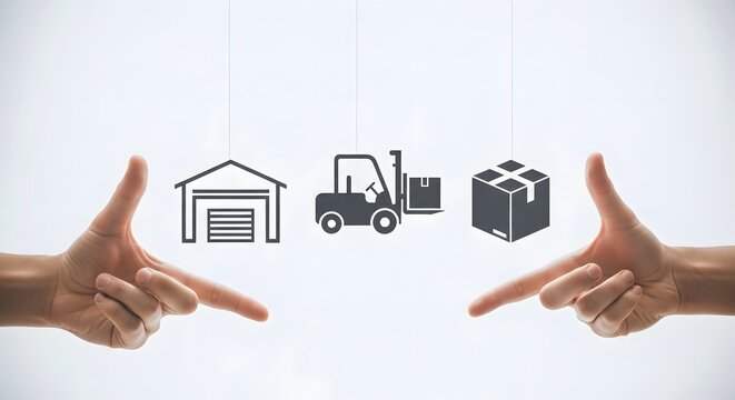 Connecting essential logistics elements for efficient supply chain management, depicted by hands framing warehouse, forklift, and package icons