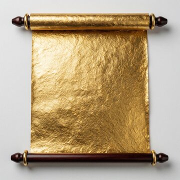 Rolled gold parchment with dark wood and brass rods lies on white background. Antique scroll has textured shiny paper. Useful for royal decree, luxury announcement or invitation design.