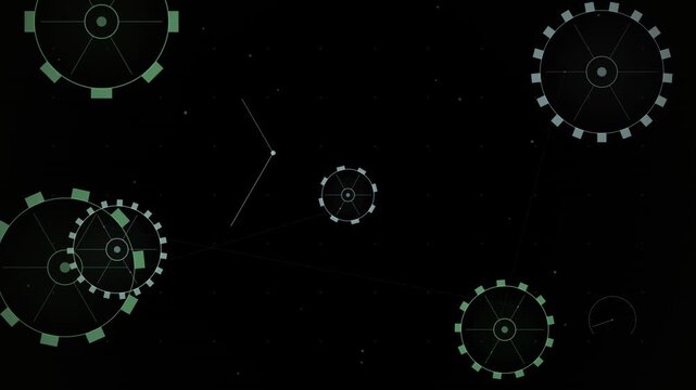 Seamless looping gear mechanism overlay with rotating cogs set against a black background.