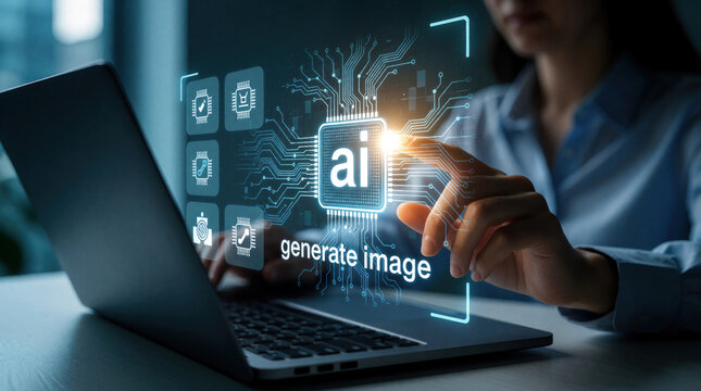Person uses AI tool on laptop to generate image with digital interface. Computer program creates art, processing data with neural network and circuits.