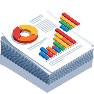 Isometric flat icon of business report with colorful charts on stack of papers. Document features pie chart, bar graph for data analysis. Pro infographic layout shows statistics, financial growth,