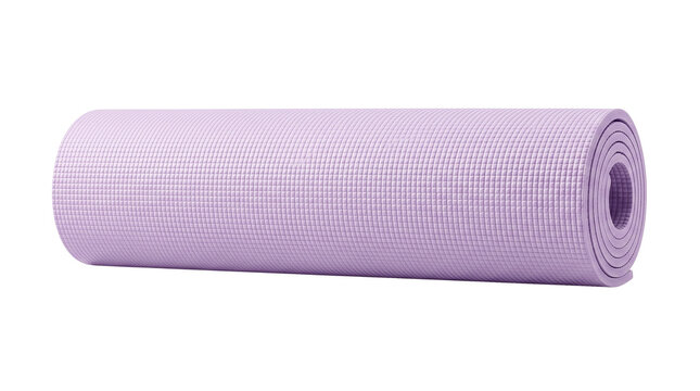 Purple yoga mat rolled up on white background, lavender fitness mat for pilates and exercise, textured lilac workout mat for home gym and studio