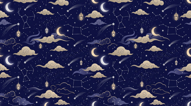 Seamless Magical Night Sky Pattern with Crescent Moons, Golden Clouds, Stars, and Celestial Constellations on Dark Blue Background