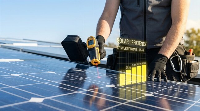Renewable energy technician testing solar panel conversion rate using laser thermometer and augmented reality chart