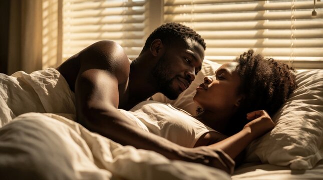 Young black couple shares intimate moment in bed. African American man, woman lie under morning sunlight near window with blinds. Lovers enjoy romantic morning cuddle, feeling warmth, love in cozy