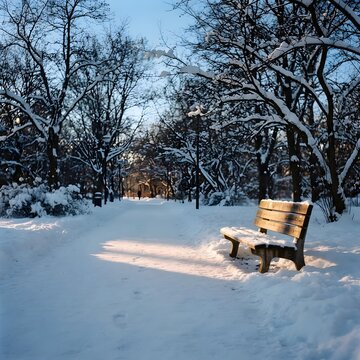 하얀 눈이 수북하게 쌓인 겨울철 공원 산책로와 쓸쓸한 나무 벤치 풍경
Winter park walking trail and lonely wooden bench view covered heavily in white snow