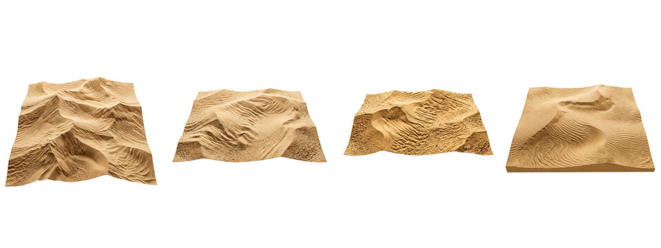 Set of four square sand dune terrain models isolated on transparent background
