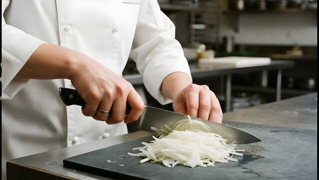 요리사가 주방 도마 위에서 칼로 신선한 양파를 채 썰고 있는 조리 과정 컷
Cooking process cut of a chef slicing fresh onions with a knife on a kitchen cutting board