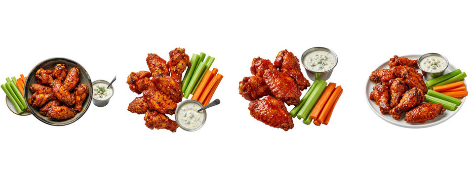 Spicy buffalo chicken wings with celery carrot sticks and dipping sauce on transparent background