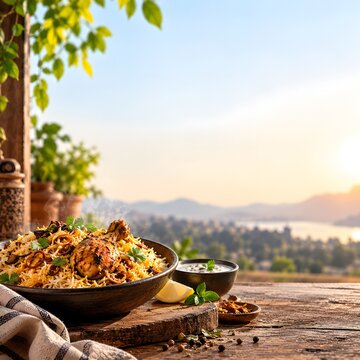 Chicken Biryani with Rice, Grilled Chicken and Herbs on Rustic Wooden Table
