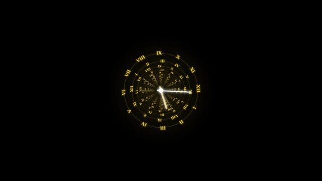 Three glowing clock faces with roman numerals rotating in a dark black background space with video three golden spinning dark void