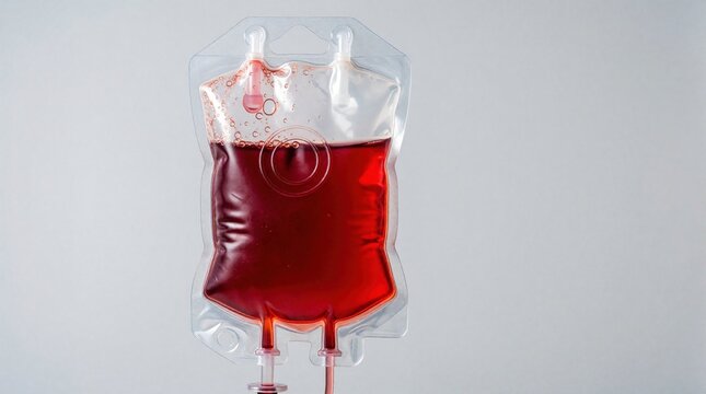 Medical intravenous blood bag filled with red liquid on neutral background. Plastic container for blood transfusion saline fluid used in hospital. Vital equipment for emergency medical care, blood