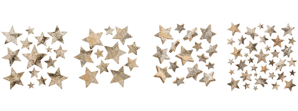 Wooden star shapes collection on transparent background