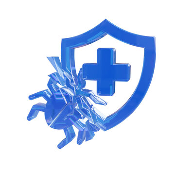 Shield virus 3d glossy antivirus icon malware defense protection bug destroying cybersecurity security isolated transparent background