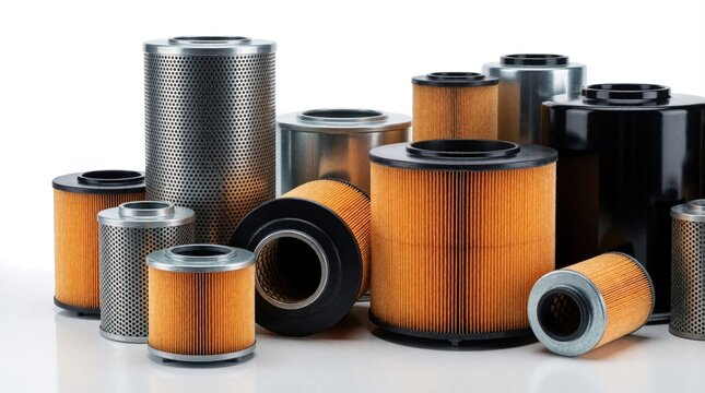 Various industrial, hydraulic filters arranged on clean white surface. Cylindrical shapes with orange pleated paper elements, metal casings visible. Components crucial for cleaning fluids in