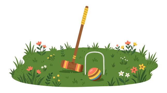 Croquet Game Set on Green Grass with Wildflowers
