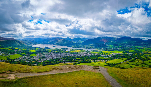 Derwent Water Panorama with Lakeland Fells in Lake District Cumbria England