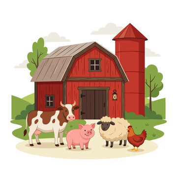 Farm animals in front of red barn and silo, rural countryside landscape illustration