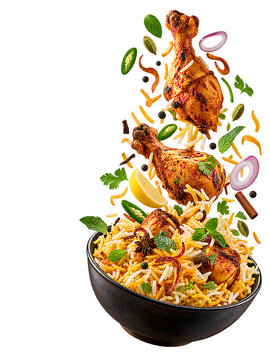 Chicken biryani bowl with grilled chicken, rice and spices isolated on white background