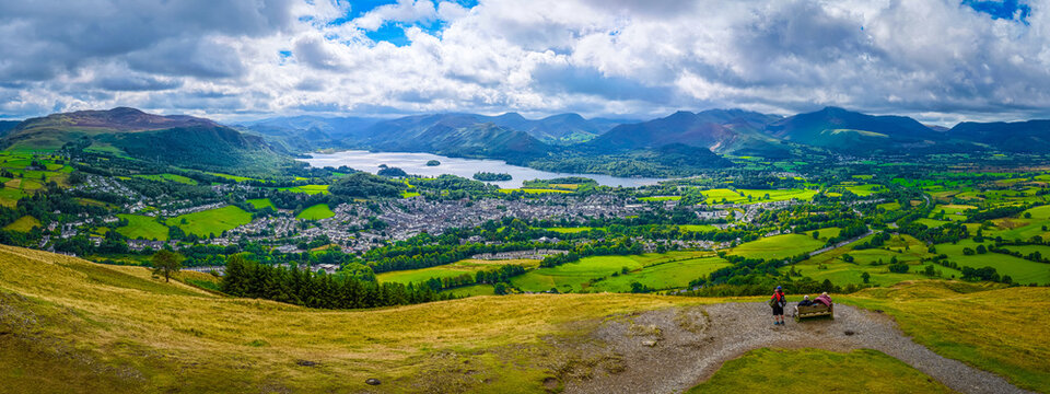 Derwent Water Panorama with Lakeland Fells in Lake District Cumbria England