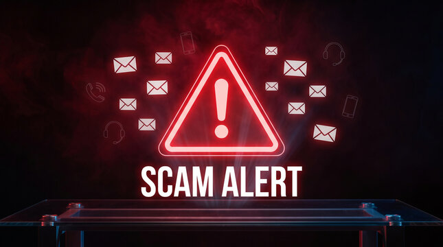 A striking red 'Scam Alert' sign emphasizes the importance of cyber safety against digital threats.