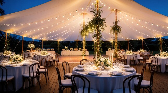 Wedding reception tent with elegant tables, dance floor, and buffet awaits guests under fairy lights. Beautiful floral decor and candles create a romantic ambiance for celebration.
