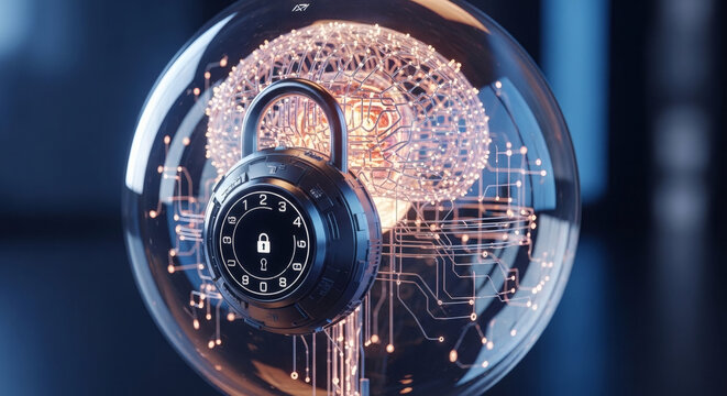 Cyber Security Concept with AI Digital Brain Protected by Combination Padlock Inside Glass Sphere