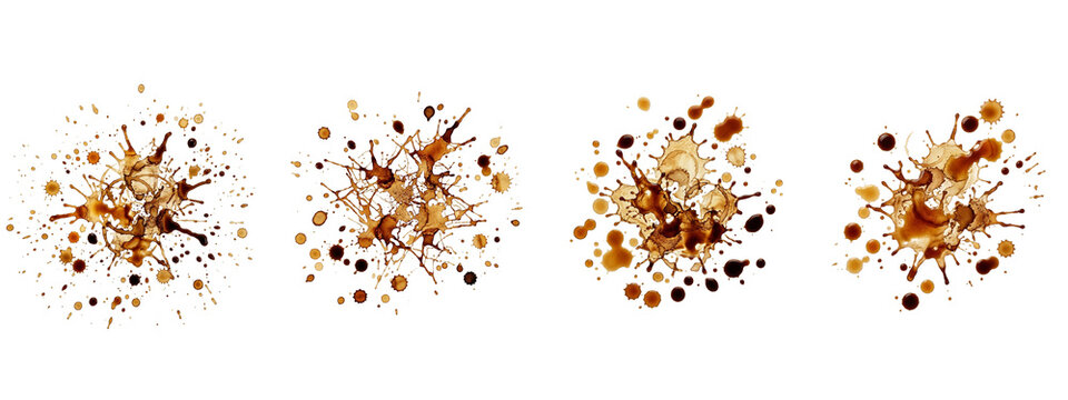 Coffee splashes and drops set on transparent background