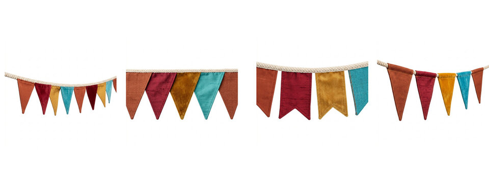 Colorful fabric bunting garlands hanging on thick rope against transparent background