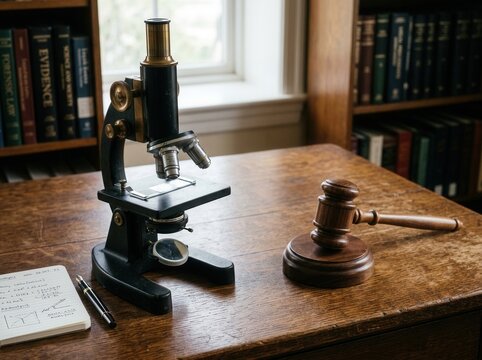 Forensic Science And Legal Justice Symbolism With Microscope and Gavel