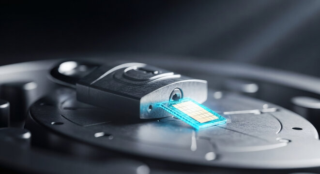 Cybersecurity concept with a metallic padlock securing glowing digital data, symbolizing robust electronic protection and modern technology safeguards