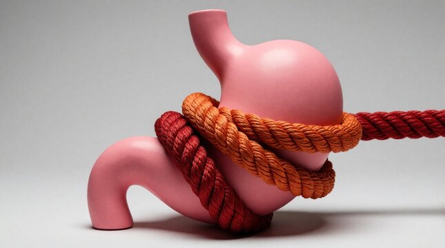 Pink anatomical model of human stomach wrapped tightly with thick orange, red ropes. Concept shows digestive system pressure, gastric stress bloating issues. Creative art piece represents stomach